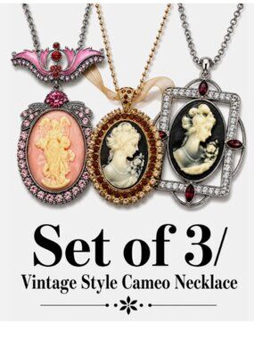 (Set of 3) Lady Brown Angel Cameo Vintage Style Dangle Pendant Chain Necklace